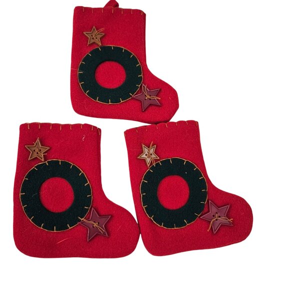 Mini Christmas Stocking Set of 18 Ornaments Red Green Felt With Applique Designs - Picture 2 of 10